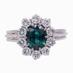 Vintage 18k White Gold Sapphire & Diamonds Daisy Ring, 1960s