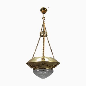 Lampada a sospensione in ottone e bronzo con paralume in vetro tagliato, Francia, inizio XX secolo