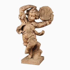 French Cement Sculpture of Child with Tambourine, 20th Century