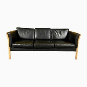 Danish 3-Seater Black Leather Sofa with Wooden Frame, 1970s