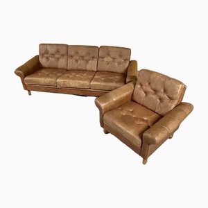 Vintage Danish 3-Seater Brown Leather Sofa & Armchair, 1960s, Set of 2