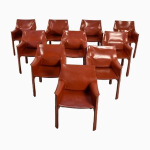 Dark Cognac Leather Cab Chairs by Mario Bellini for Cassina, 1990s, Set of 10