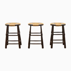 French Brutalist Rush Stools, 1970s, Set of 3