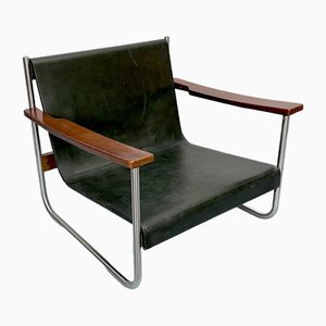 Vintage Italian Chrome & Leather Lounge Armchair, 1960s