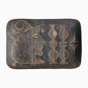 Incised Patinated Iron Plate with Cubist Decoration, 1950s