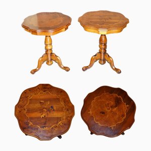 Vintage Italian Marquetry Inlaid Burr Walnut and Hardwood Side Tables, Set of 2