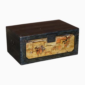 Vintage Hand-Painted Trunk or Chest with Immortals and Buildings Decor