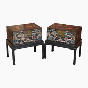 Large Vintage Chinese Hand-Painted Chests on Stands, Set of 2