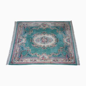 Large Vintage Chinese Floral Medallion Border Rug in Aqua and Pink Tones