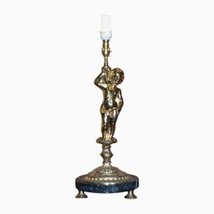 Large Marble & Brass Table Lamp with Cherub Puttis Angel, 1940s