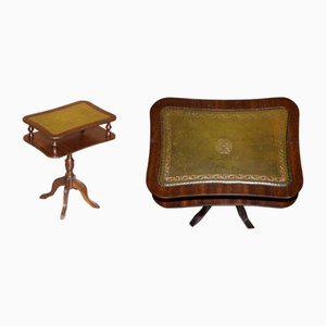 Vintage Green Leather & Hardwood Tripod Side Table