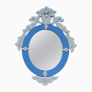 Espejo de pared Venitian italiano vintage con grabado en azul cobalto