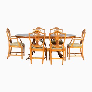 Regency Style Oval Burr & Yew Extendable Dining Table & Chairs, Set of 7