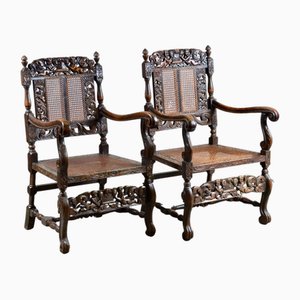 Charles II Hand Carved Walnut Armchairs, 1900, Set of 2