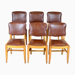 Antique Brown Leather & Walnut Dining Chairs, Set of 6