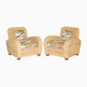 Art Deco Style Wicker Club Armchairs with Mulberry Flying Ducks Cushions, Set of 2