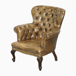 Regency Chesterfield Brown Leather Reading Armchair