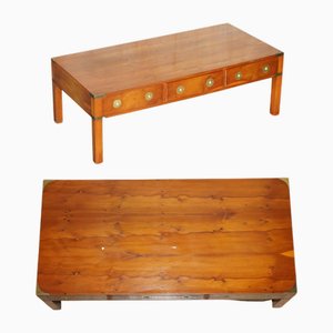 Burr, Yew Wood & Brass Military Campaign 3 Drawer Coffee Table from Bradley Furniture