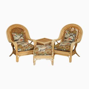 Wicker Armchairs, Stool & Side Table with Mulberry Flying Ducks Fabric, Set of 4