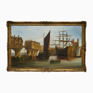 Malcolm Gearing, Victorian Naval Scene on the Thames, 1972, Large Oil on Canvas, Framed