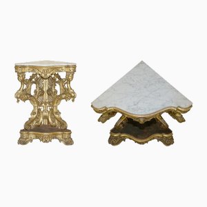 Mesa esquinera Herm italiana antigua de madera dorada y mármol tallado, década de 1860