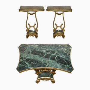 Antique French Brass & Green Marble Side End Tables, 1880s, Set of 2