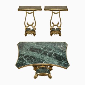 Tavolini antichi in ottone e marmo verde, Francia, fine XIX secolo, set di 2