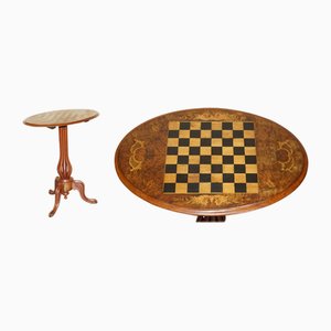 Mesa de juegos de ajedrez victoriana antigua inclinable con incrustación de marquetería, década de 1880