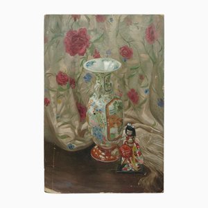 Bodegón con jarrón y estatua de la geisha, óleo sobre lienzo