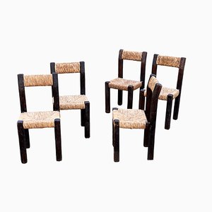 Brutalist Chairs in Wood and Straw, France Auvergne, 1950s, Set of 5