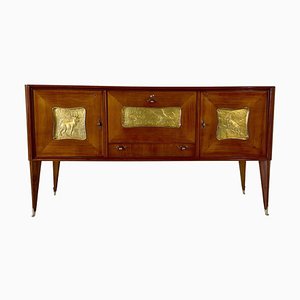 Italian Art Deco Sideboard in Cherry and Brass with Gold Leaf, 1940s