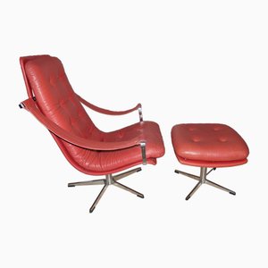 Red Leather Swivel Chair with Footstool by Geoffrey Harcourt for Artifort, 1960s, Set of 2