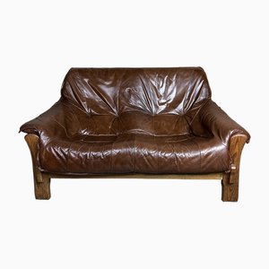 Vintage Sofa aus Holz und Leder im Stil von Percival Lafer, 1960er