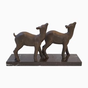 French Art Deco Lambs in Bronze & Marble by Ugo Cipriani, 1930s