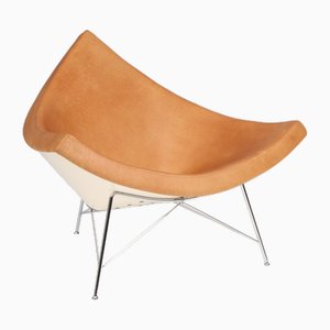 Coconut Chair in Tan Leather, White Shell &Chrome attributed to George Nelson for Vitra, 1970s