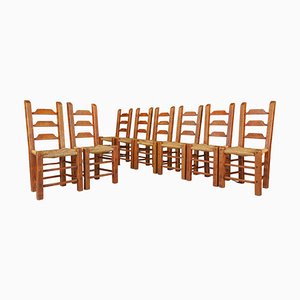 Rustic Dining Chairs in Oak & Rush, Spain, 1960s, Set of 8