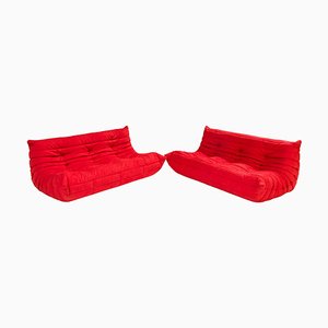 Togo Three-Seater Sofa in Redby Michel Ducaroy for Ligne Roset, 2010s, Set of 2