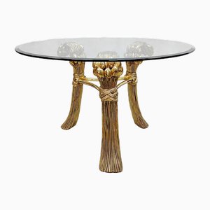 Vintage Hollywood Regency Gold Gilded Dining Table with Brass Tulips attributed to Willy Daro, 1970s