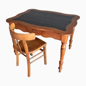 Mesa de escritura Biedermeier antigua de caoba con silla. Juego de 2