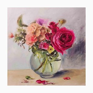 Elena Mardashova, Flores en el jarrón redondo, óleo sobre lienzo, 2022