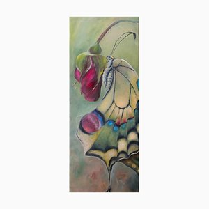 Elena Mardashova, Farfalla gialla sulla rosa, Olio su tela, 2020
