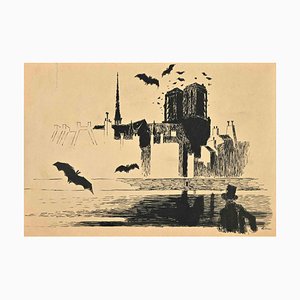 Adolf Reinhold Hallman, Notre Dame de Paris, Dessin à la plume, Milieu du 20e siècle