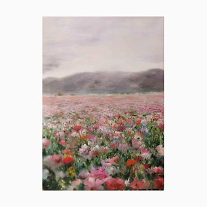 Elena Mardashova, Campo de flores rosadas, óleo sobre lienzo, 2020