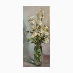 Elena Mardashova, Pequeñas rosas blancas, óleo sobre lienzo, 2020