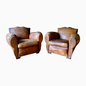 French Moustache Back Leather Club Chairs, 1940s, Set of 2