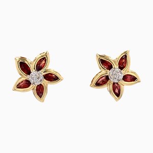 18 Karat Modern Yellow Gold &Garnet Diamond Flower Earrings, Set of 2