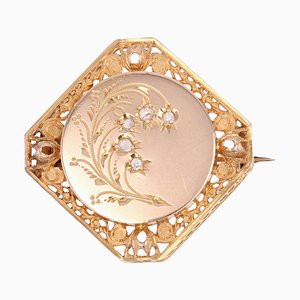 Broche de lirio de los valles francés de oro rosa de 18 kt y diamantes, siglo XIX