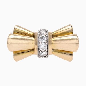 18 Karat French Yellow Gold Platinum & Diamonds Tank Knot Ring, 1940s