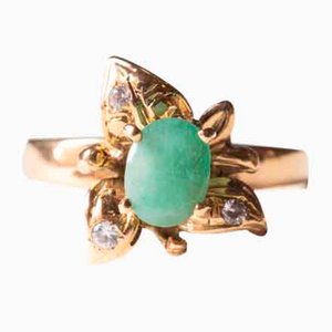 Vintage 18k Gold Ring with Emerald & White Cubic Zirconia, 1960s