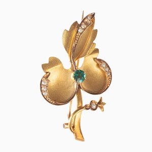 Vintage 18k Gold with Green Glass Paste & Beads Brooch, 1950s